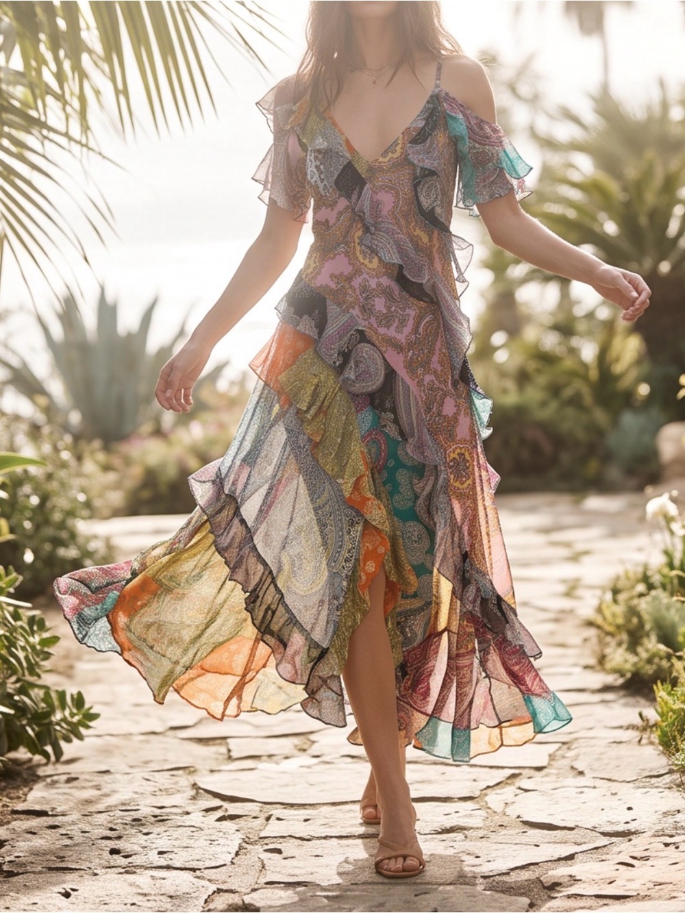 Boho Multi-Color Ruffled Maxi Dress